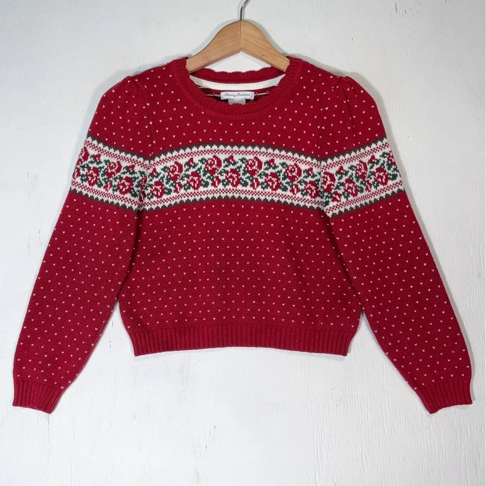 Tommy Bahama Sweater Skirt Set Girls 8 Red Plaid Floral Fair Isle Holiday 2pc